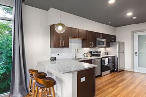 The Catawba Room | Private kitchen | Full-size fridge, microwave, oven, stovetop - River Row Flats (Asheville)