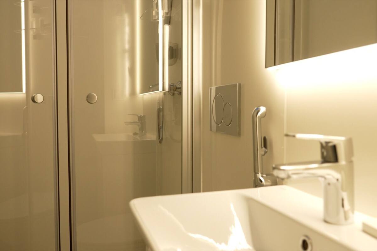 panoramic cabin, 1 double bed | bathroom | shower, free toiletries, hair dryer, towels