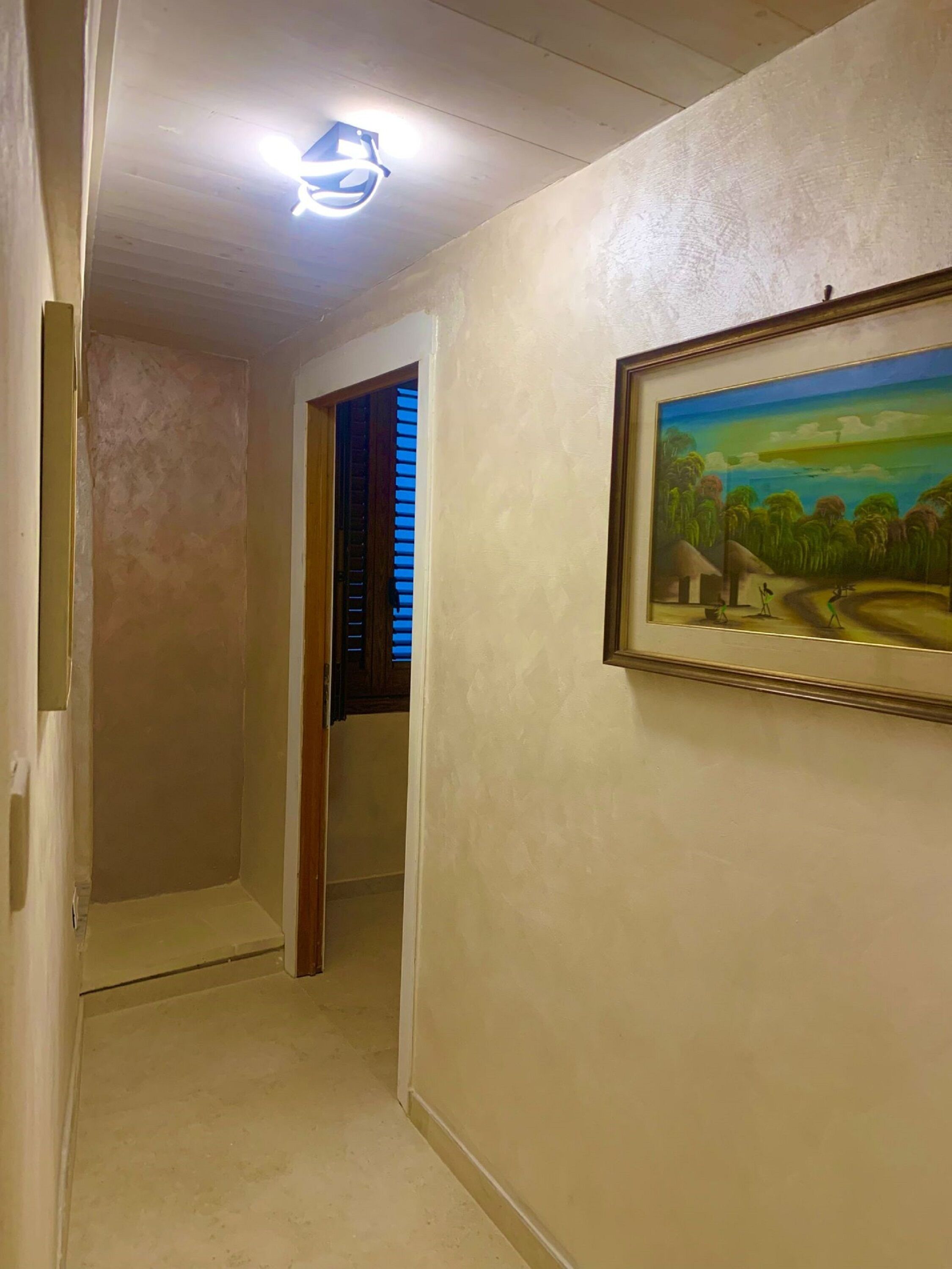 Un pasillo con una lámpara en el techo, un cuadro de paisaje enmarcado y una puerta que da a otra habitación.