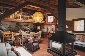 TV, fireplace, DVD player, foosball