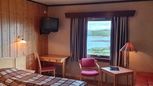 A room with a bed, a desk, a chair, a small table, a TV, and a window with a view of a lake and hills. - Rødungstøl Høyfjellshotell (Al)