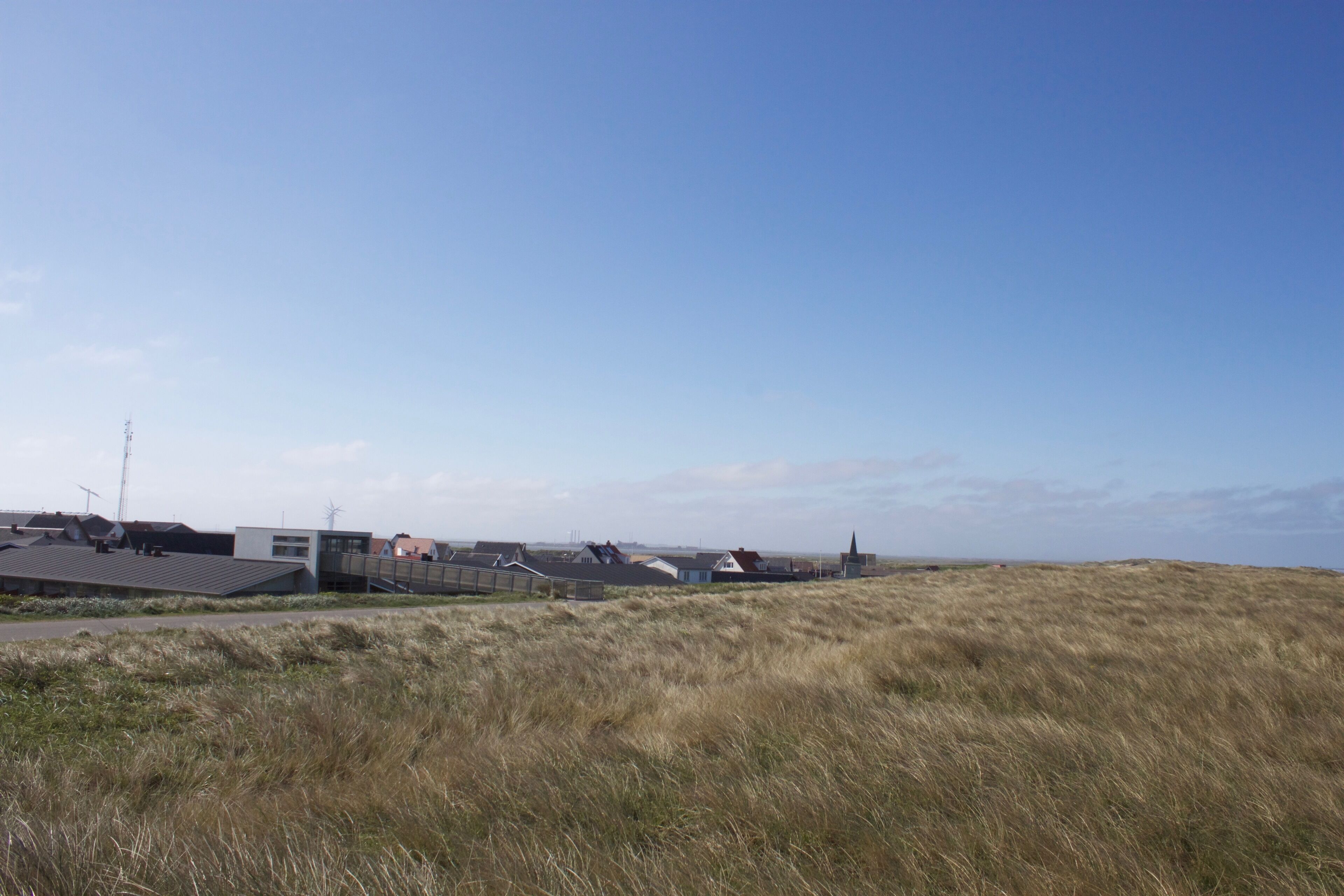 A coastal area with modern buildings, a grassy field, and a clear sky.