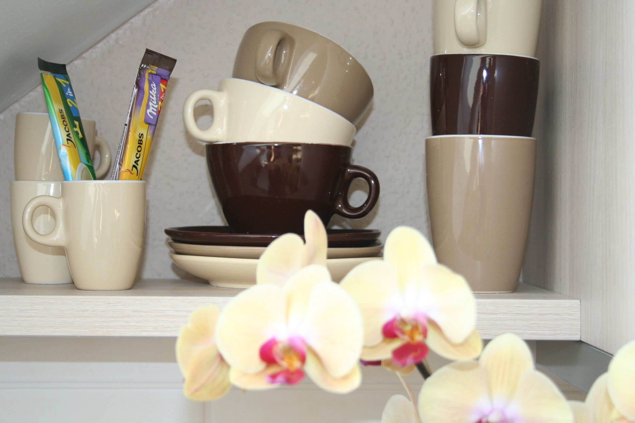 A shelf with stacked cups and saucers, a tube of toothpaste, and an orchid.