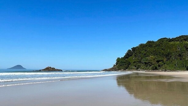 Ein Strand mit blauem Himmel, ruhigem Wasser und einem bewaldeten Hügel.
