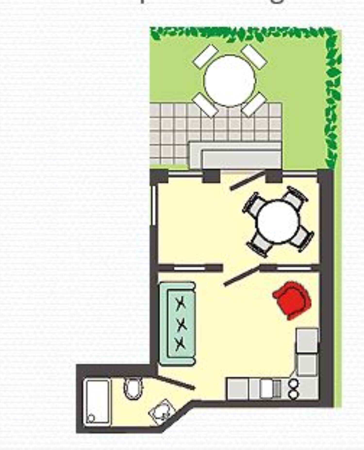 Een plattegrond van een hotelkamer met een badkamer, een eethoek en een klein terras.