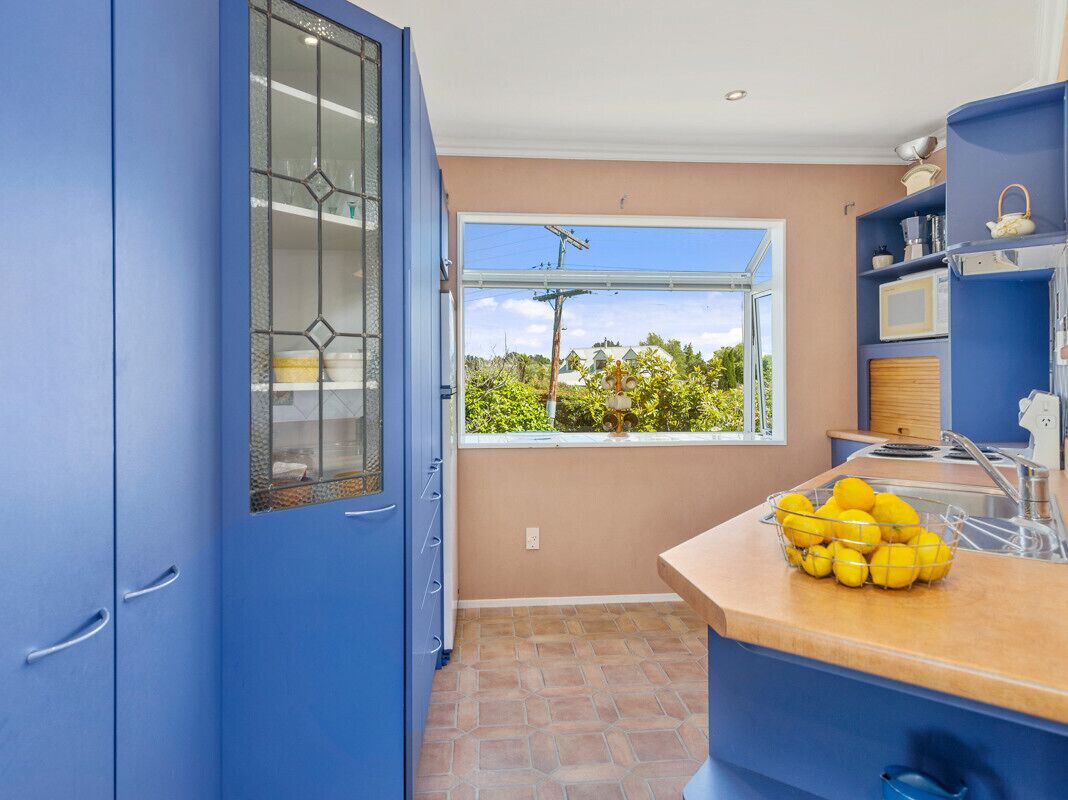 A kitchen with a window, a sink, and a countertop with lemons.