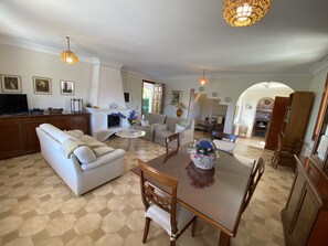 Fernseher, Kamin, DVD-Player, Bücher