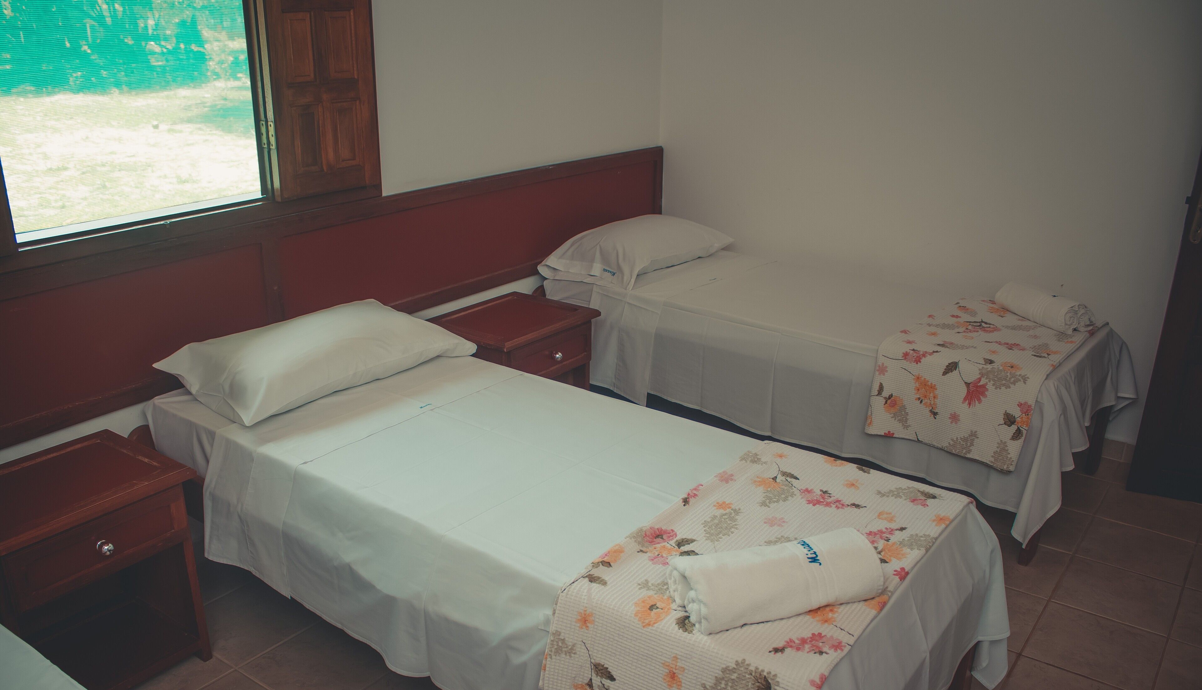 A room with two single beds, each with a wooden headboard, a nightstand, and a window.
