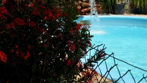 A pool area with a waterfall feature, surrounded by tropical plants and a stone wall. - Pousada Porto do Sol (Conde)