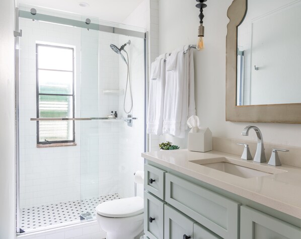 Shower, hair dryer, towels, soap
