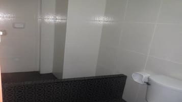 Shower, towels, soap, toilet paper