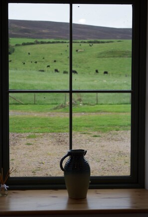 A window with a view of a green field and a vase on the windowsill.