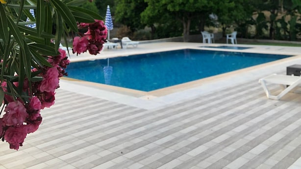 Una piscina con solárium de baldosas, rodeada de exuberante vegetación y flores rosadas.