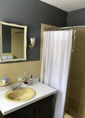 Combined shower/bathtub, hair dryer, towels, soap