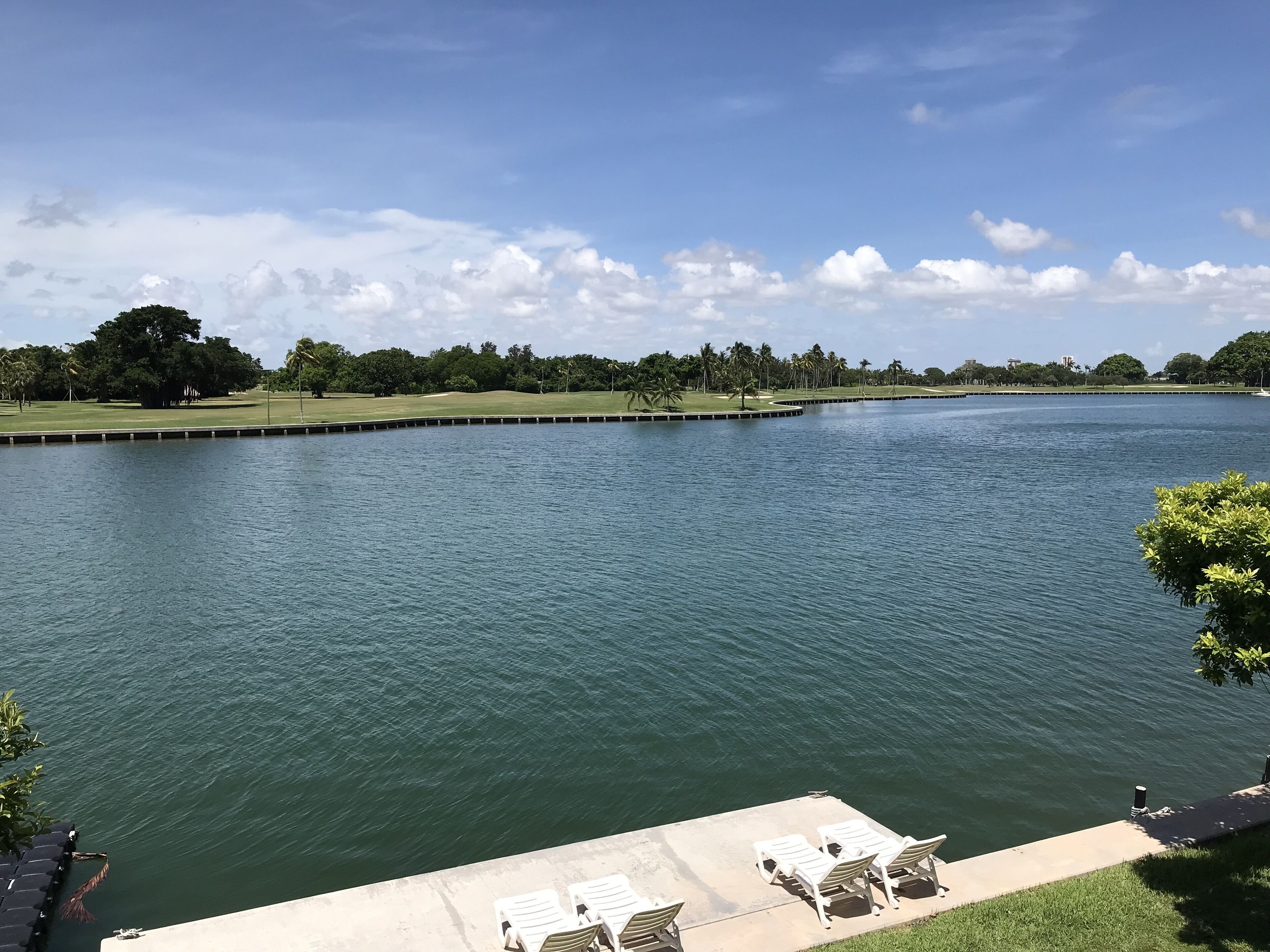 A view of a calm lake with a grassy area and trees in the background. There are lounge chairs on a concrete platform in the foreground.
