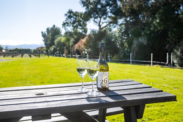 Une table de pique-nique avec une bouteille et deux verres de vin blanc.