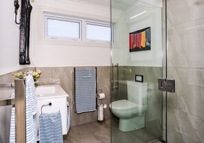 Une salle de bain moderne avec une douche à parois de verre, un lavabo blanc et des toilettes.