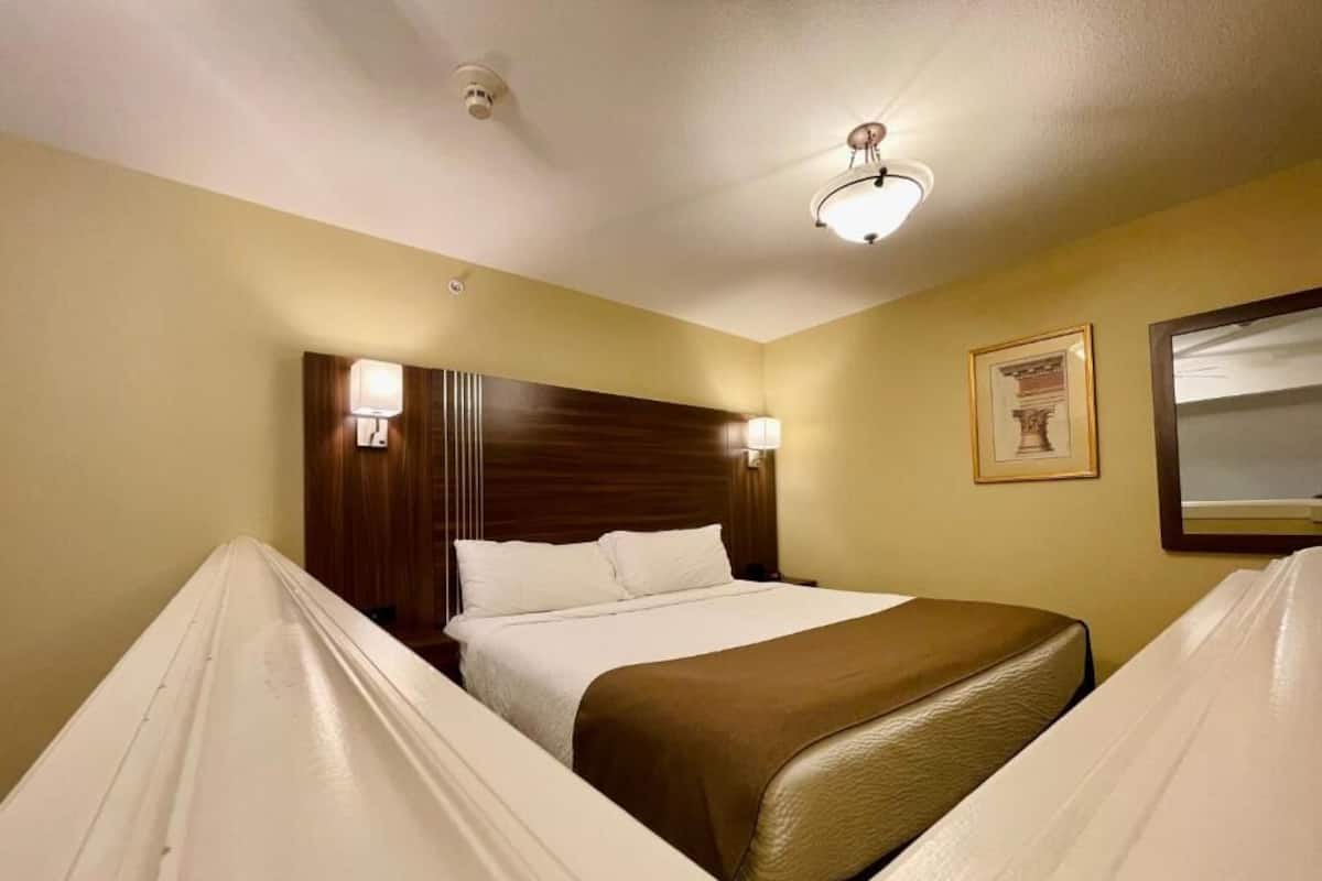 Une chambre d’hôtel avec un lit, des lampes de chevet, un tableau encadré au mur et un luminaire au plafond.