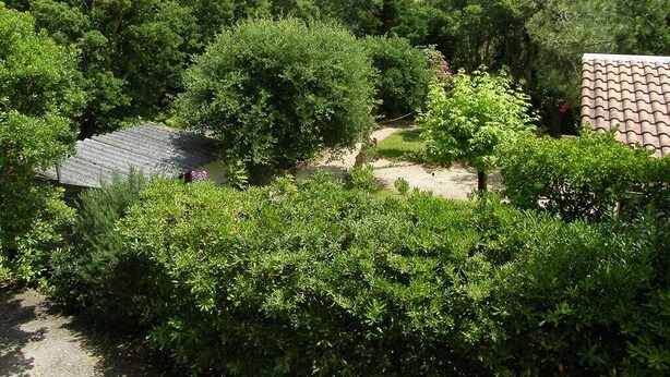 A lush garden with dense foliage, a gravel path, and a building with a tiled roof. - Apartment in villa "AIRE ONA" between lake and ocean for 4 people (Soorts-Hossegor)