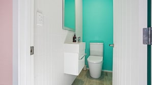 A bathroom with a white toilet, a sink with a mirror above it, and a teal wall.