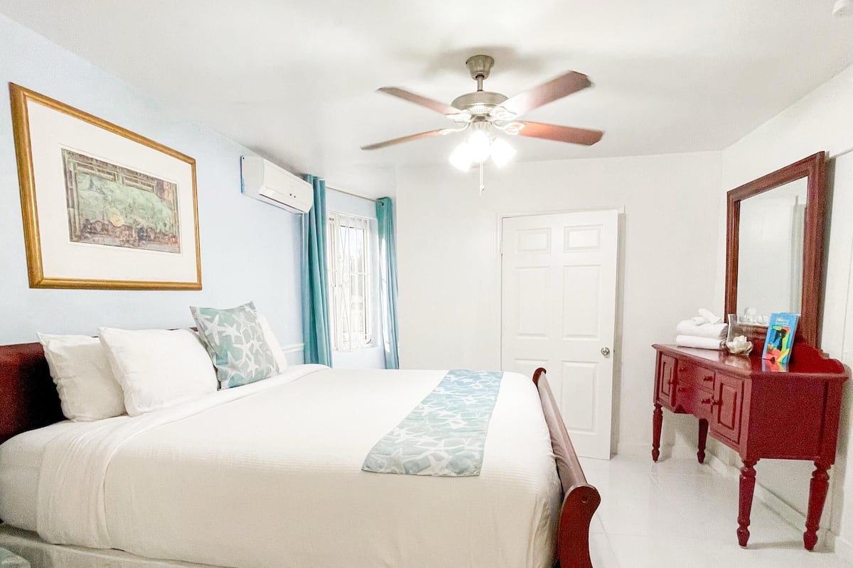 Une chambre à coucher avec un lit, un ventilateur de plafond, une commode et un tableau encadré au mur.
