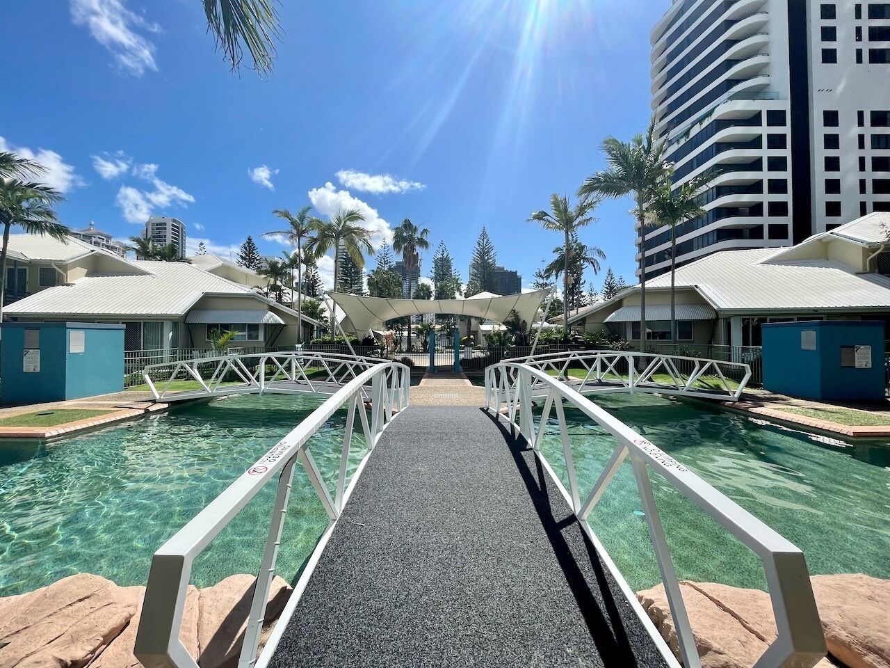 A pool area with a central walkway, palm trees, and buildings in the background.