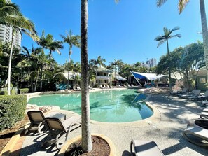 Relax by the oval-shaped pool surrounded by palm trees and lounge chairs.