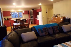 Smart TV, fireplace, DVD player, books