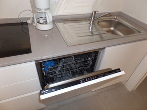 Fridge, microwave, dishwasher, coffee/tea maker
