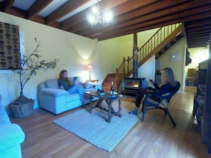 Una televisión, una chimenea, libros