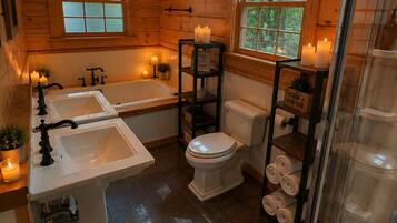Combined shower/tub, hair dryer, towels, soap