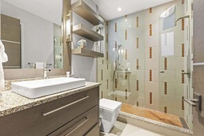 Combined shower/tub, hair dryer, shampoo
