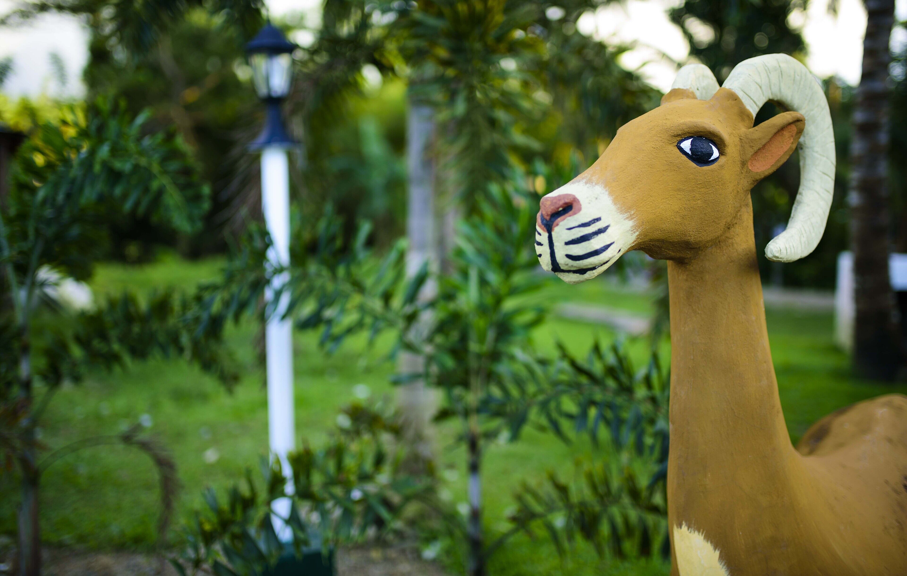 Uma estátua de girafa num jardim com um poste de luz e vegetação ao fundo.