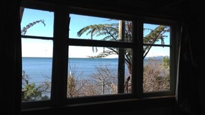 Una ventana con vista al mar y palmeras.