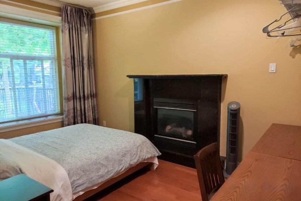 A bedroom with a bed, a fireplace, a window with curtains, and a radiator.