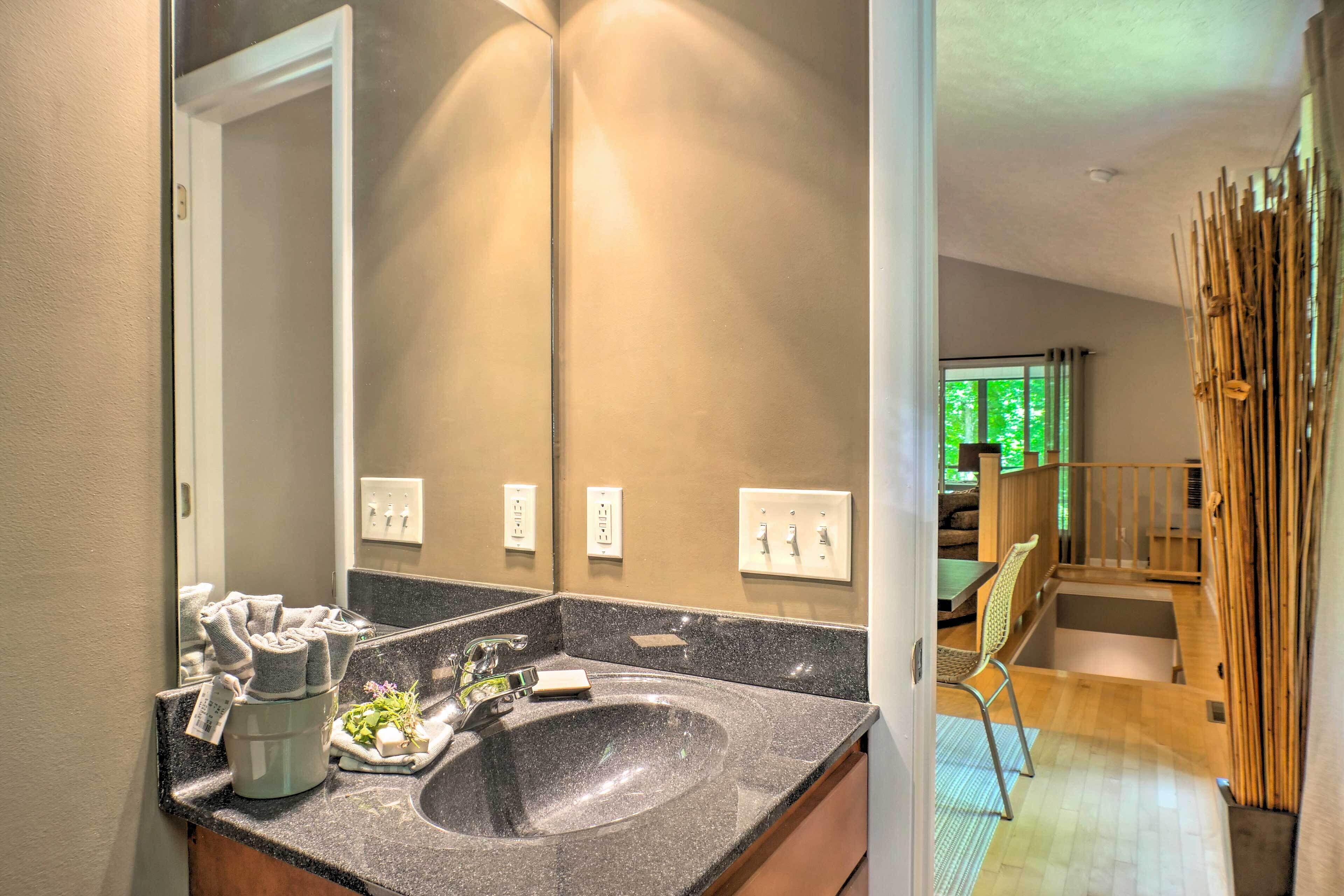 A bathroom with a granite countertop, a sink, and a mirror. There is a towel rack with towels and a small plant on the counter.