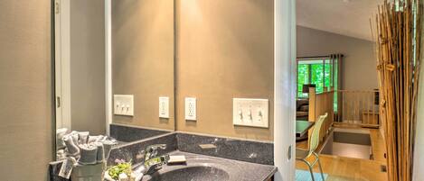 A bathroom with a granite countertop, a sink, and a mirror. There is a towel rack with towels and a small plant on the counter.