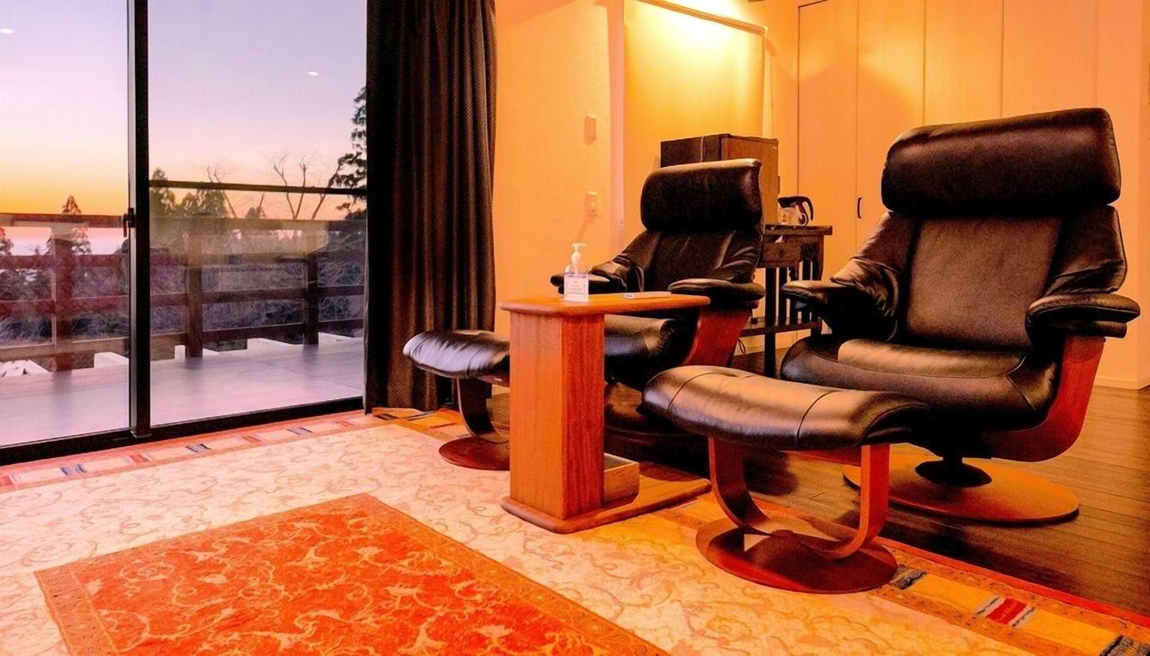 Een kamer met twee leren fauteuils, een klein houten tafeltje en een groot raam met uitzicht op bomen en een gebouw.