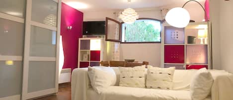 Una televisión, un reproductor de DVD, una biblioteca de música
