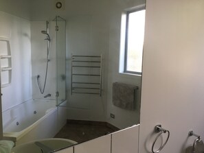 Combined shower/bathtub, hair dryer, towels, soap