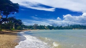 Uma praia com águas cristalinas, areal dourado e árvores ao fundo.