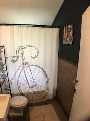 Hair dryer, towels, soap, shampoo