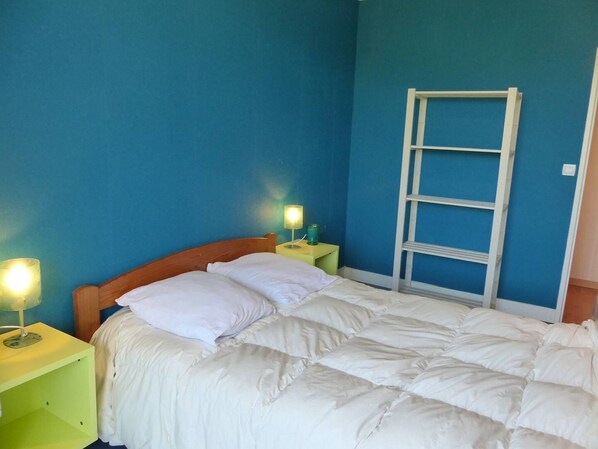 A bedroom with a bed, two bedside tables, a nightstand, a wall-mounted ladder, and a blue wall.