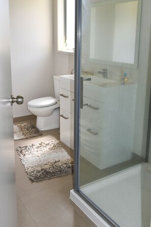 Dusche, Haartrockner, Handtücher, Seife