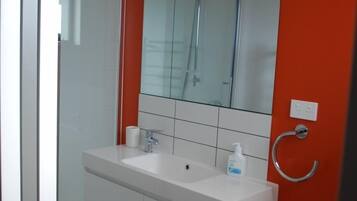 Shower, hair dryer, soap, toilet paper