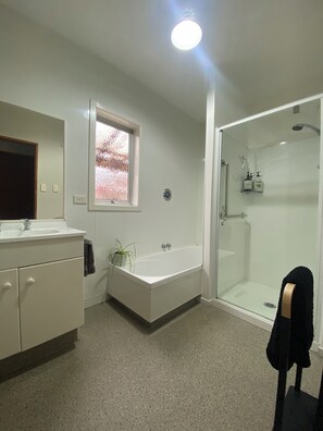 Combined shower/tub, hair dryer, towels, soap