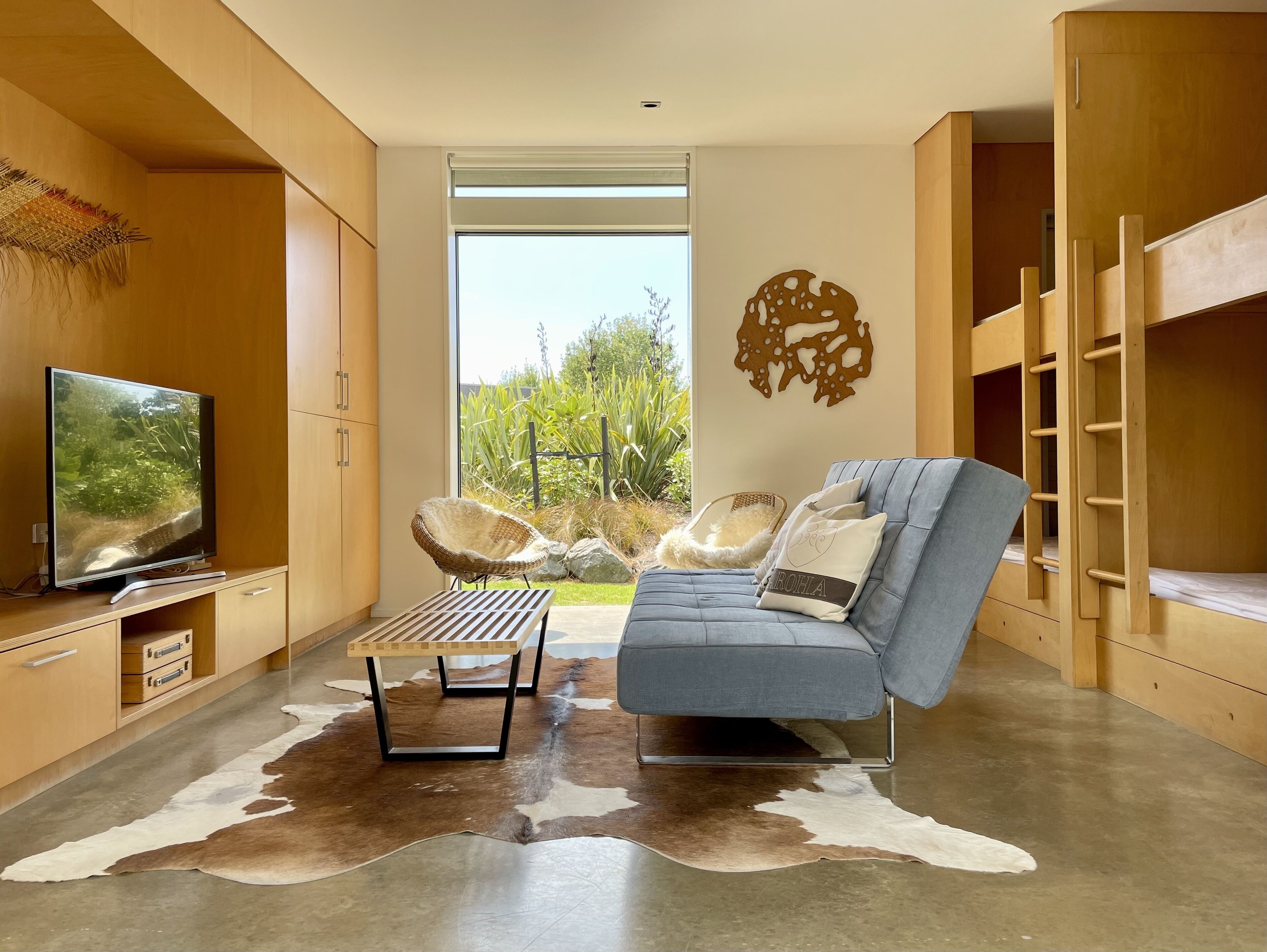 Smart TV, fireplace, books, stereo