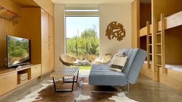 Smart TV, fireplace, books, stereo