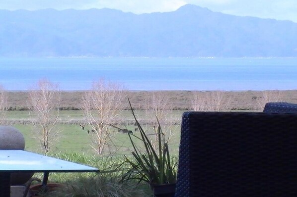 A view of a lake with mountains in the background, a grassy field, and a chair in the foreground. - Miranda Sea View Apartment (Miranda)