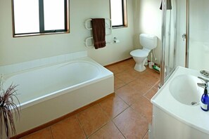 Bathtub, hair dryer, towels, soap
